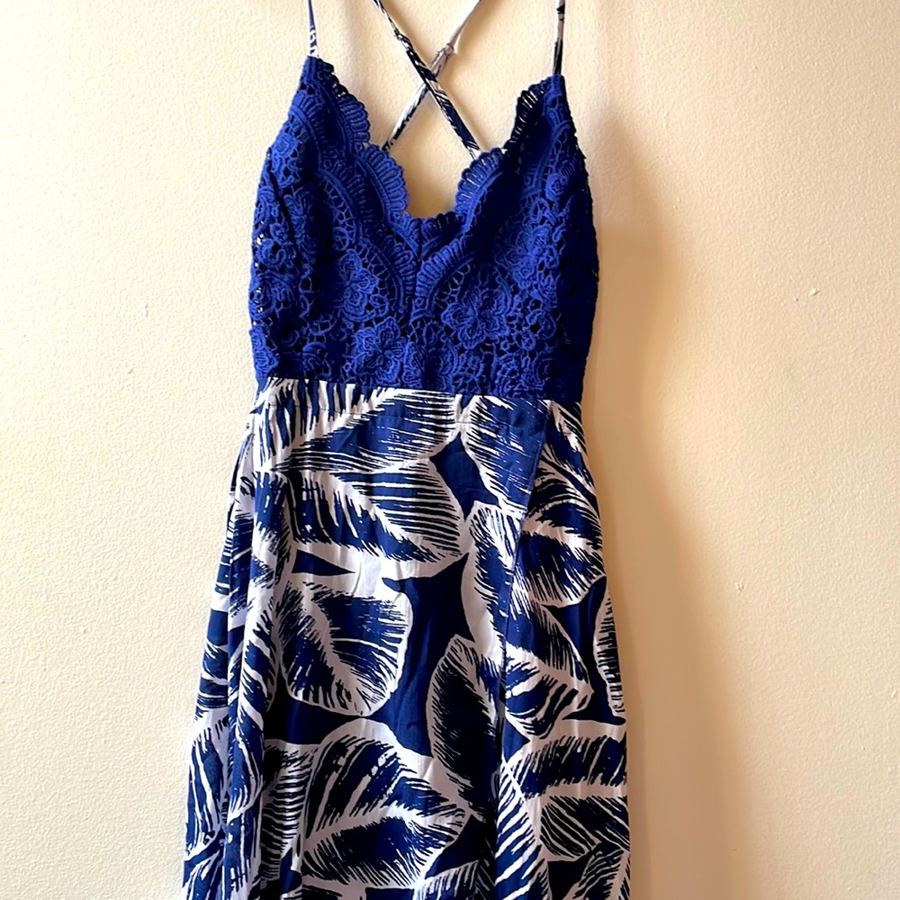 Blue and white crocheted top high low adjustable strap dress sz S